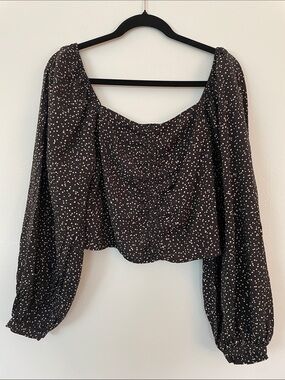 A New Day Black Polka Dot crop Top Long-Sleeve Blouse Size M